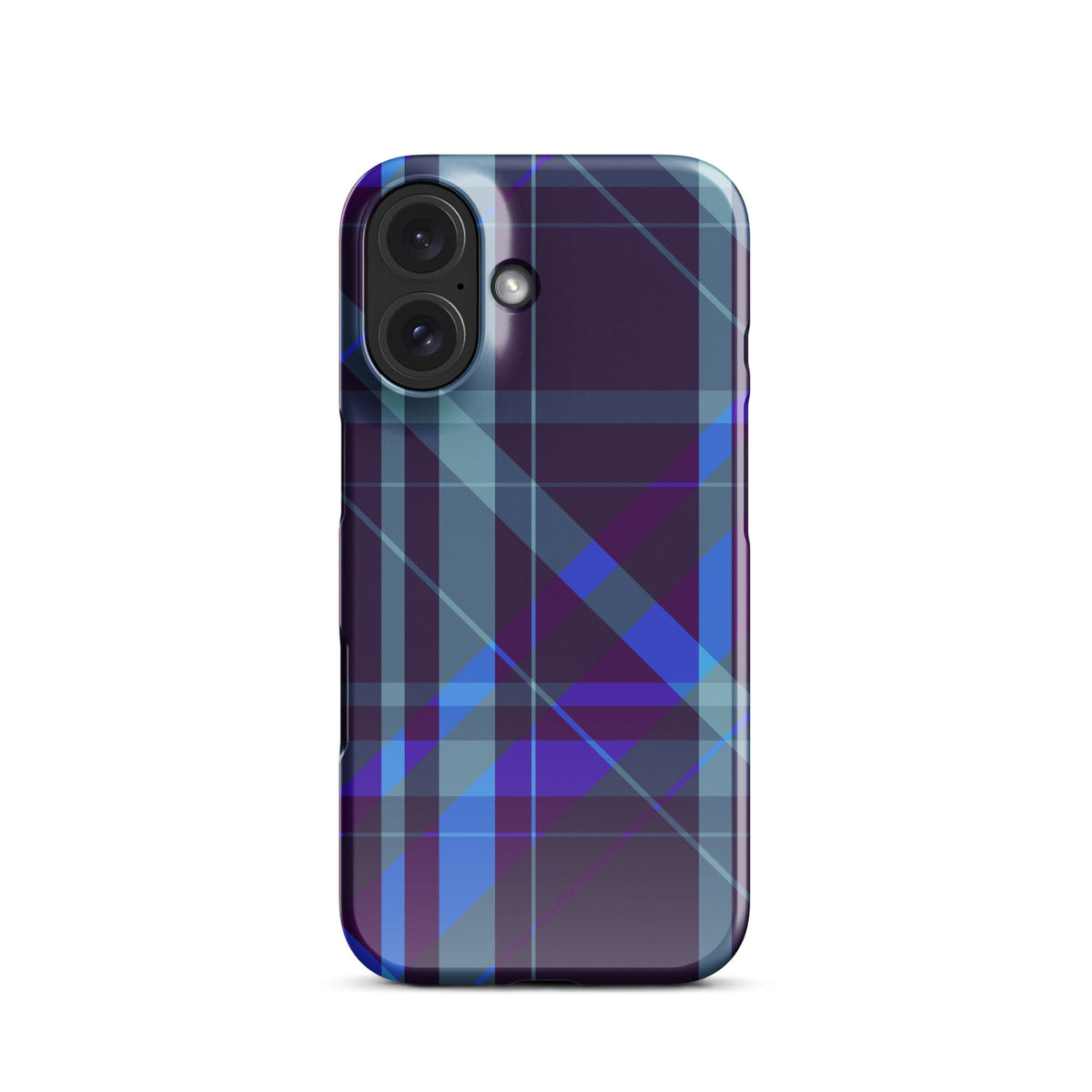 iPhone Snap case with purple and blue plaid pattern, visible camera cutouts