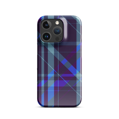 iPhone Snap case with purple and blue plaid pattern, camera lens cutout details