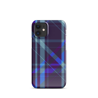 Purple and blue plaid phone snap case with cutouts and raised camera protection.