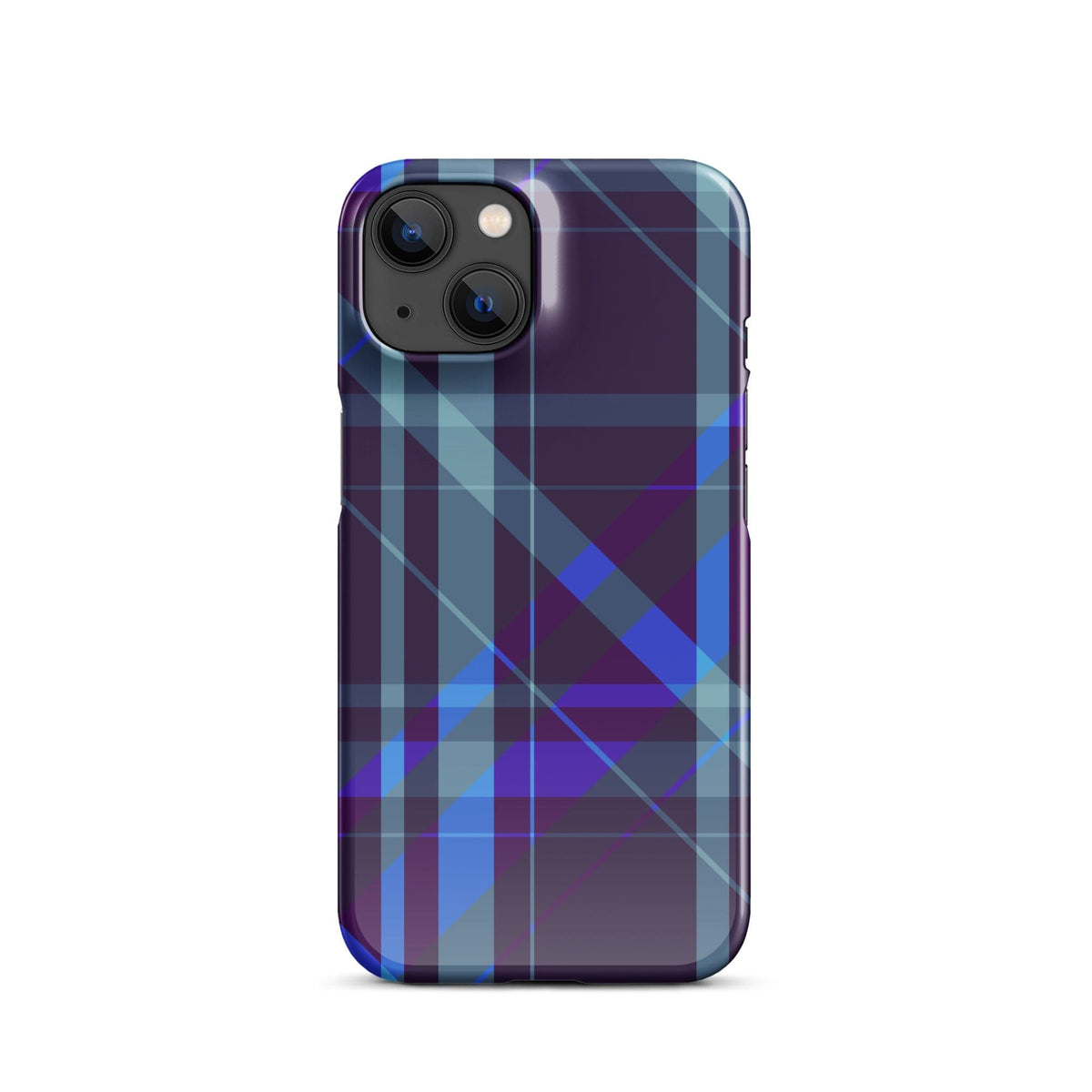 Purple and blue plaid phone snap case with camera cutout and slim profile.