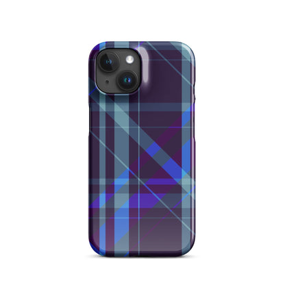 iPhone Snap case with purple and blue plaid pattern, camera lens cutout area