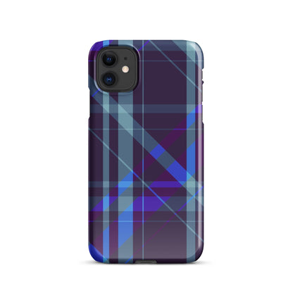 iPhone® snap case with purple-blue plaid pattern, front view with camera openings
