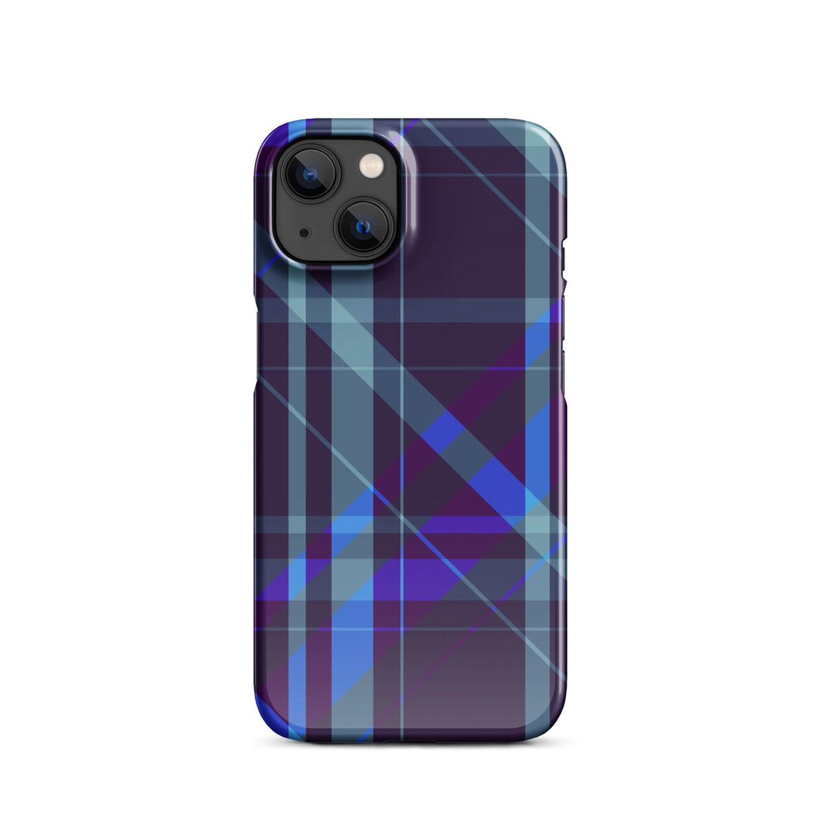 Purple blue plaid snap case with dual camera openings and protective camera rim.