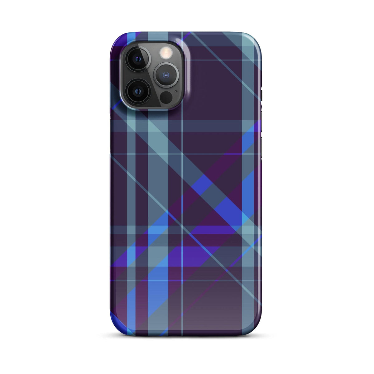 Purple and blue plaid snap case with quad camera cutouts and side button openings.