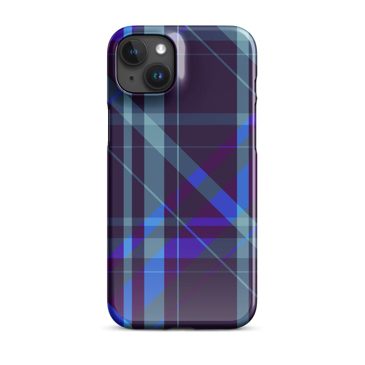iPhone Snap case with purple-blue plaid stripes and camera cutouts