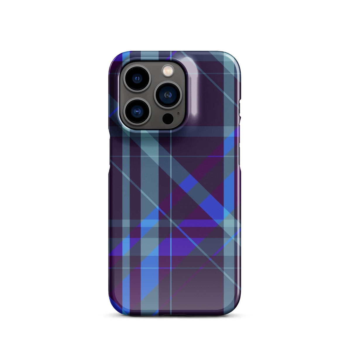 iPhone Snap case with purple and blue plaid pattern, raised camera cutouts