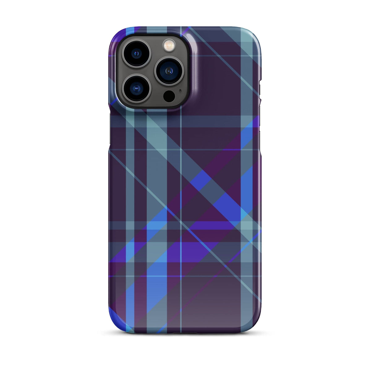 Purple blue plaid snap phone case with quad camera openings and smooth side edges.