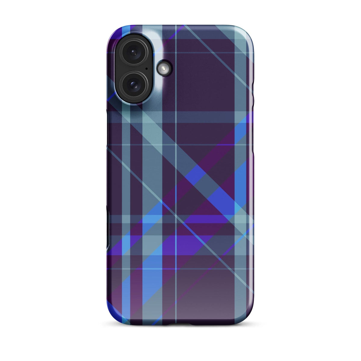 iPhone Snap case in purple-blue plaid with camera openings and button access