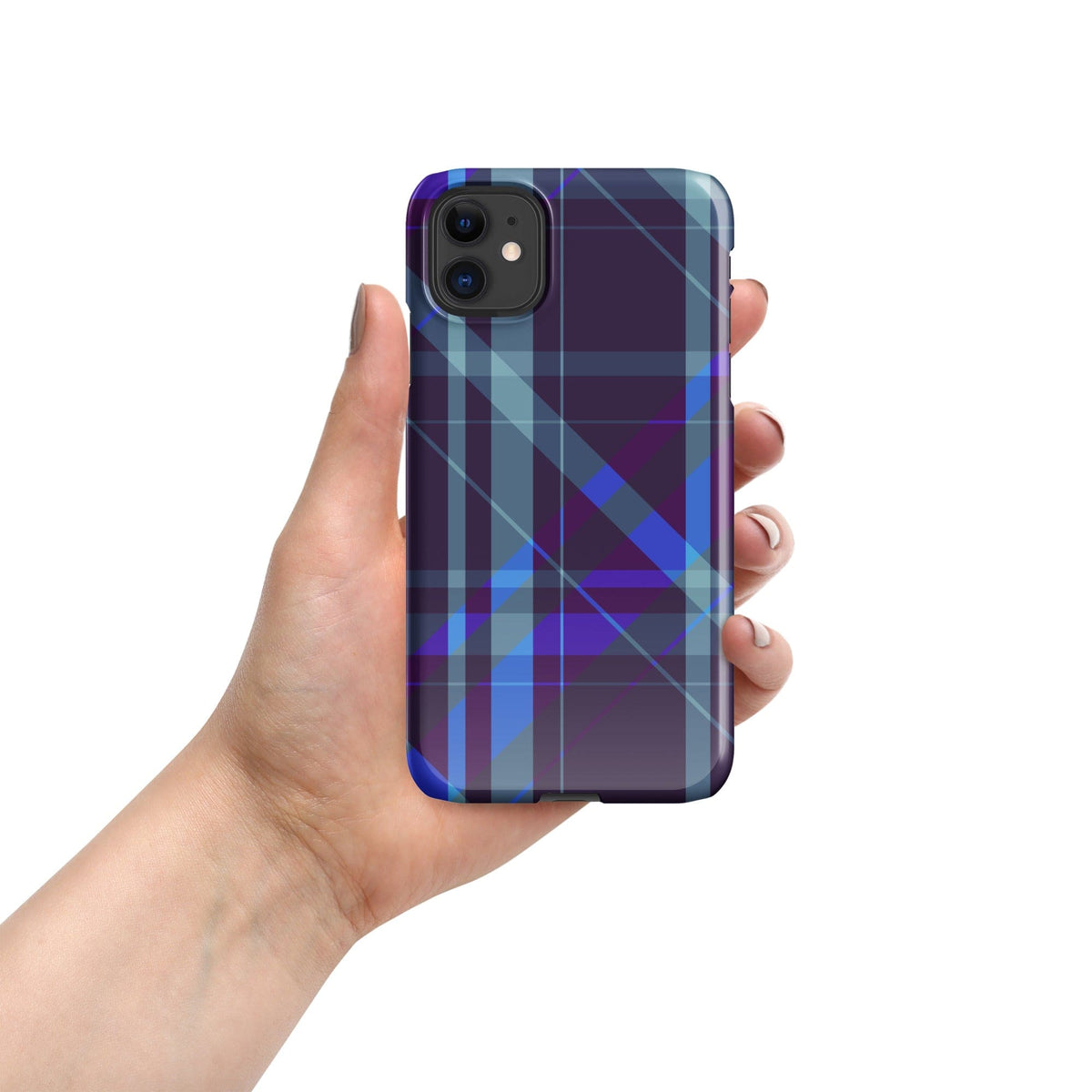 iPhone® snap case in hand with purple-blue plaid pattern