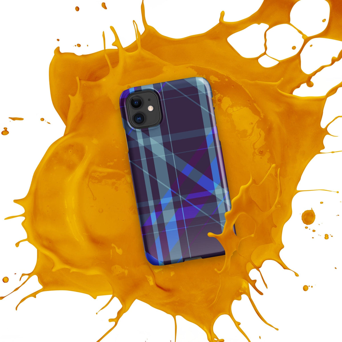 iPhone® snap phone case featuring a purple-blue plaid pattern