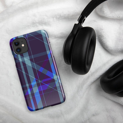 Purple and blue plaid snap iPhone® case on fabric with camera cutouts
