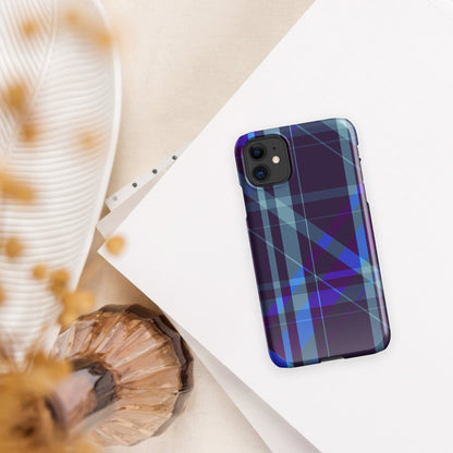 iPhone® snap case with purple-blue plaid graphic and raised camera cutouts
