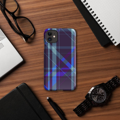 iPhone® snap case in purple-blue plaid with camera lens openings