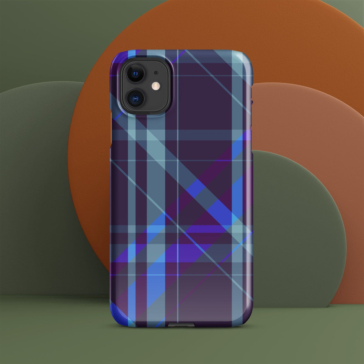 iPhone® snap case with purple-blue plaid design and glossy protective finish