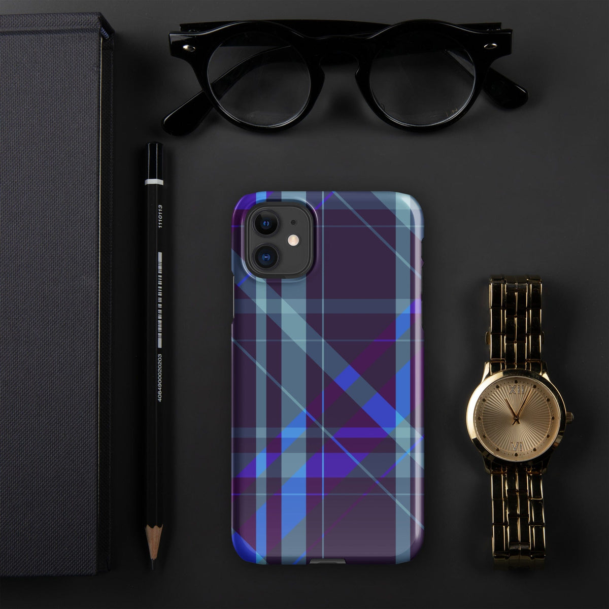 iPhone® snap case with purple-blue plaid pattern and port/access cutouts