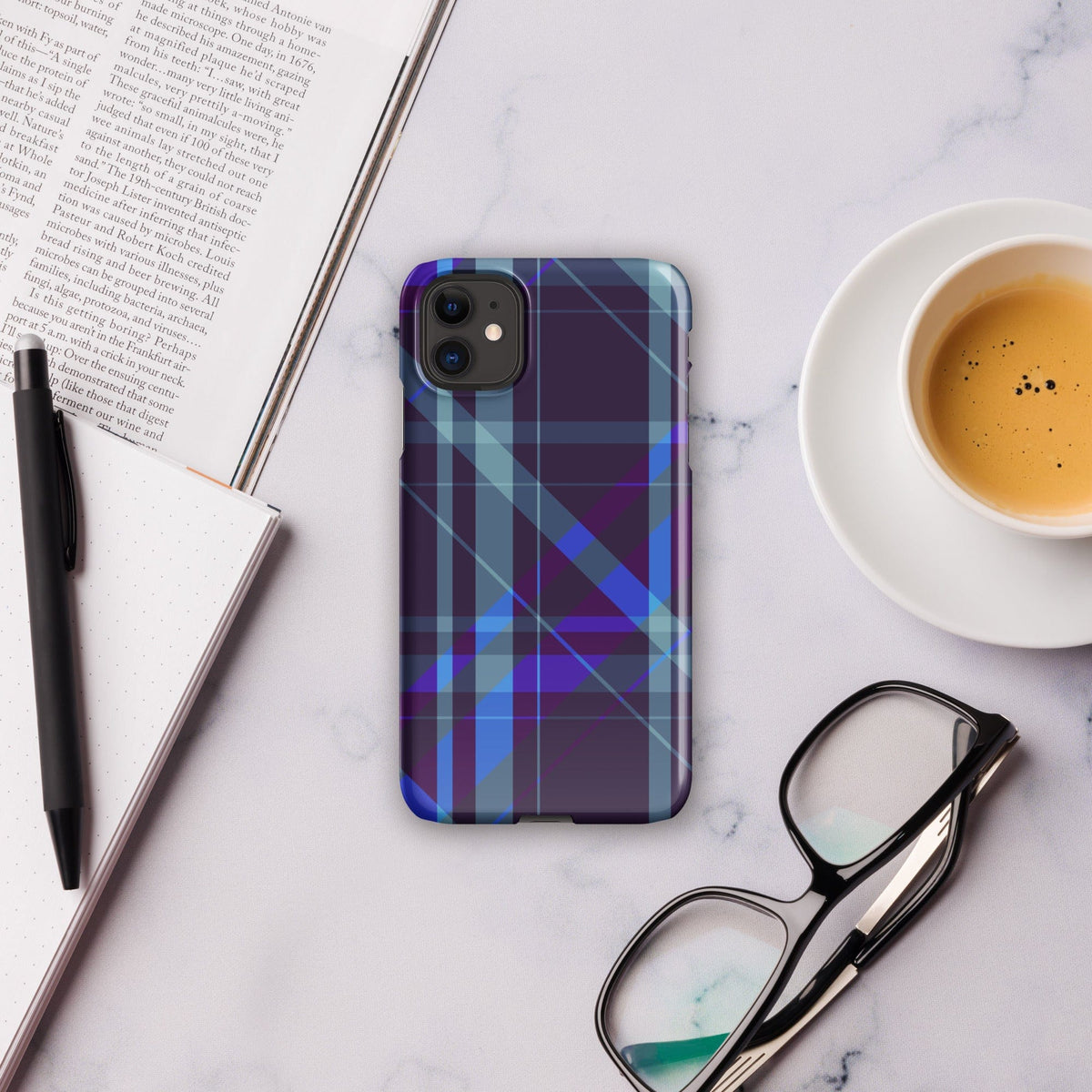 iPhone® snap phone case showing a purple-blue plaid pattern