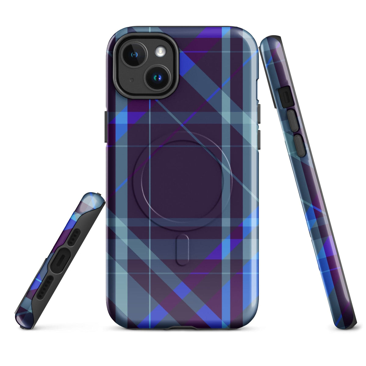 Purple plaid iPhone case with protective bumper edges and visible side buttons