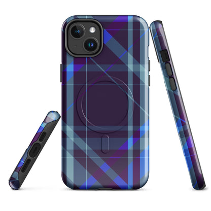 Purple plaid iPhone case with protective bumper edges and visible side buttons
