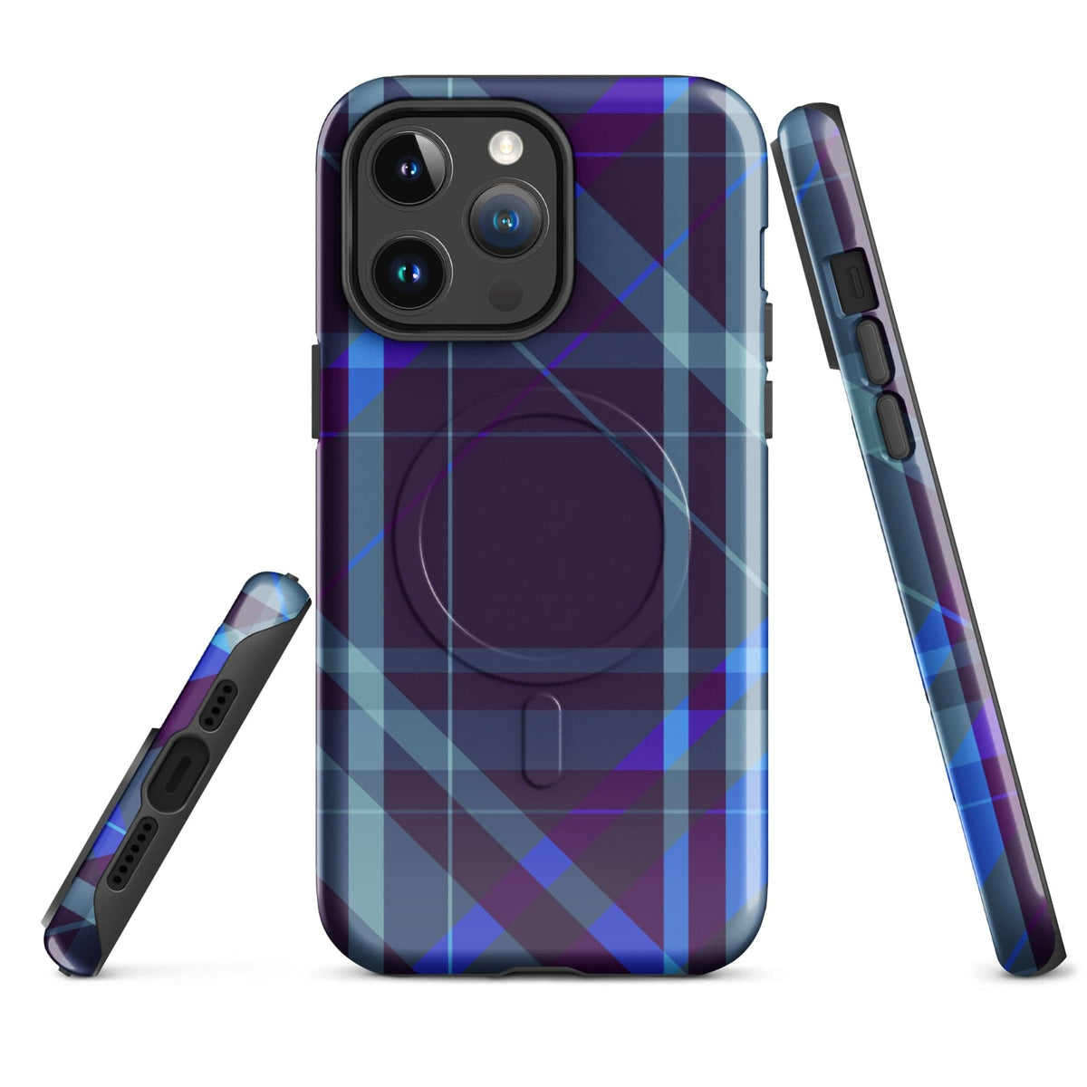 Purple plaid iPhone case with back camera cutouts and side bumper with button channels