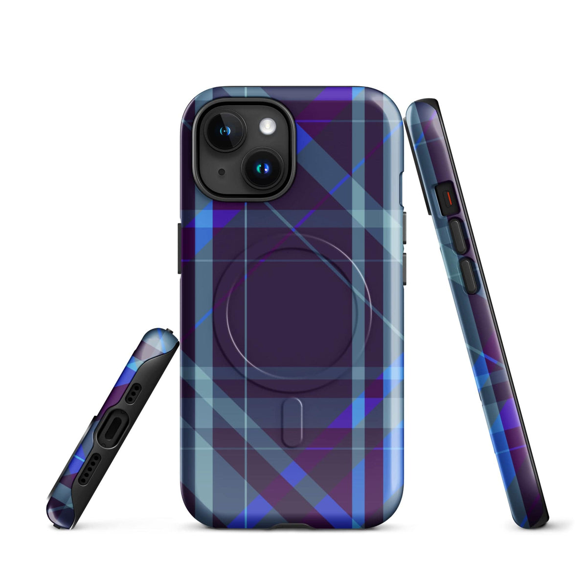 Purple plaid phone case with camera cutouts and raised corners
