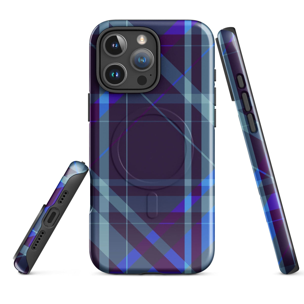 Purple plaid phone case with camera cutouts and matching side button openings