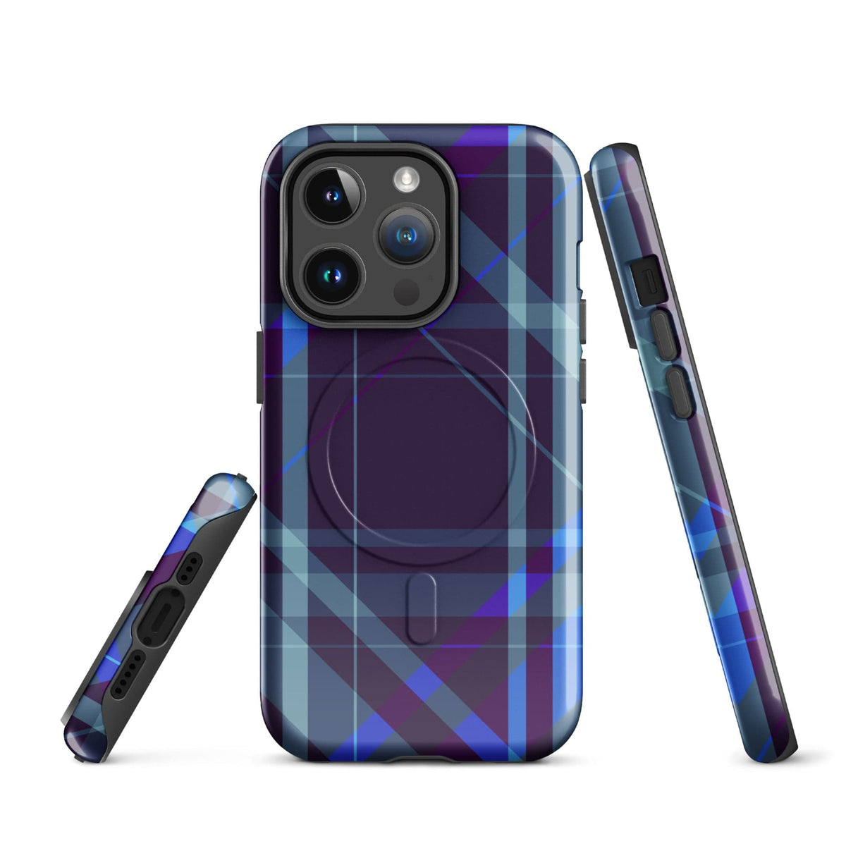 Purple plaid iPhone tough case with back view plus side profile showing openings