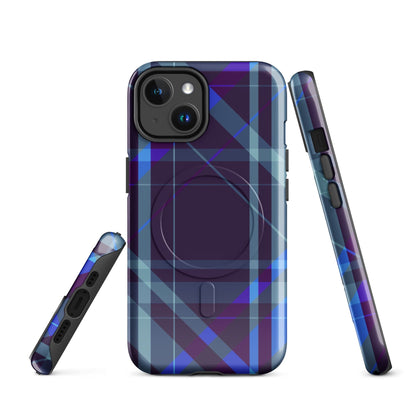 Purple plaid iPhone tough case with front and side views, button and port openings
