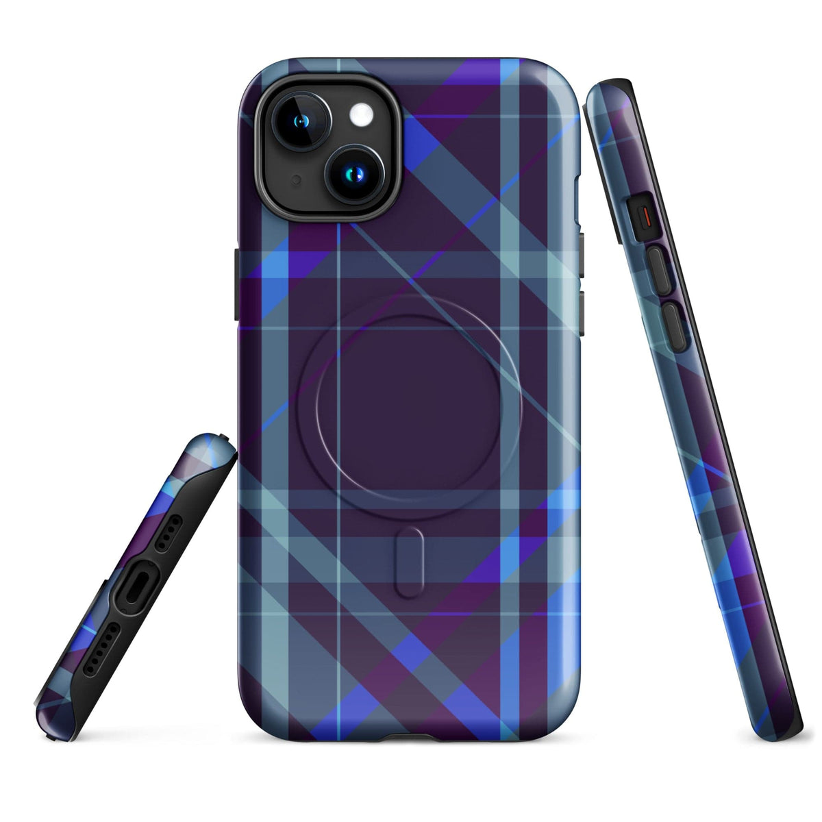 Purple plaid phone case with camera cutout cluster and side button openings