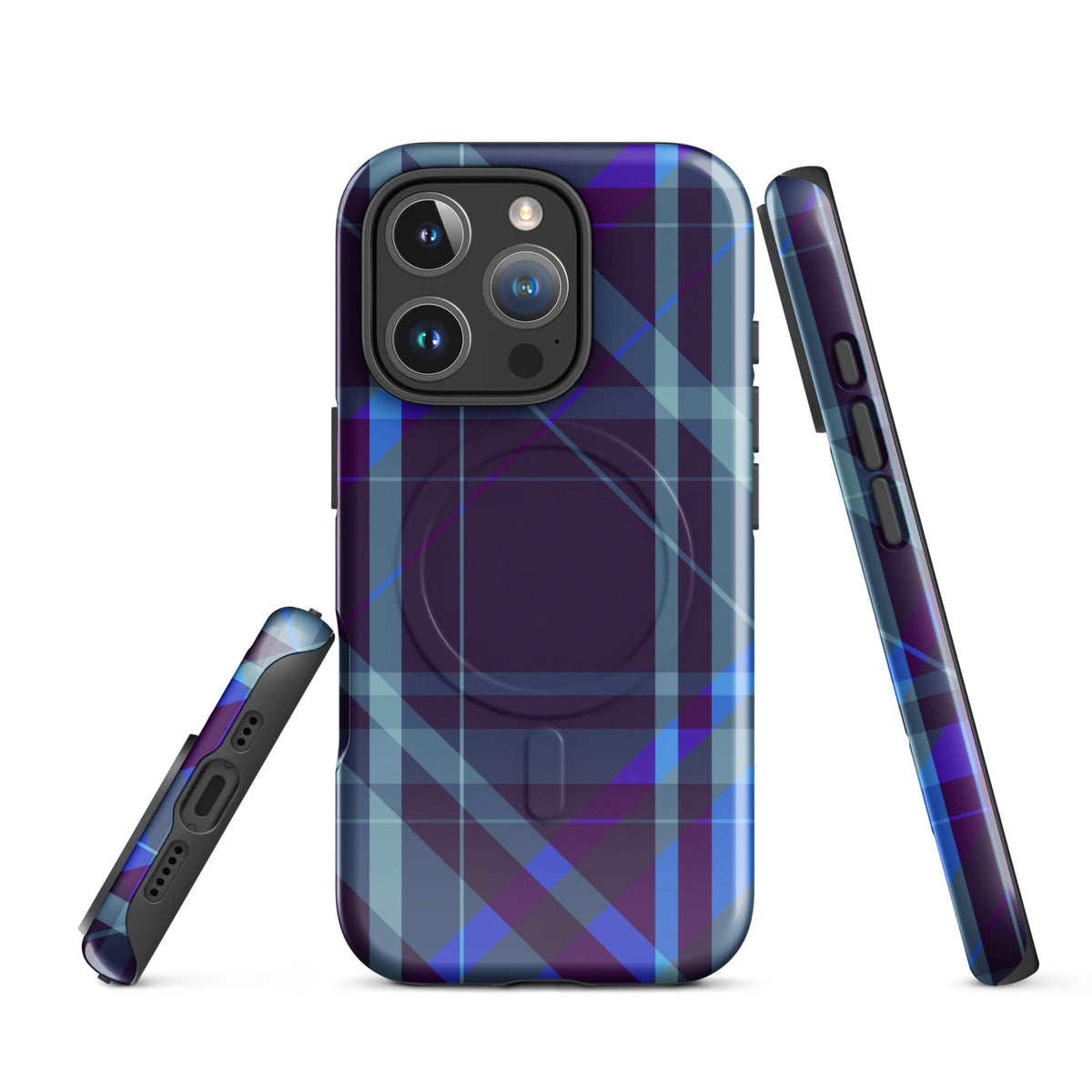 Purple plaid phone case with camera lens cutouts and side edge button slots