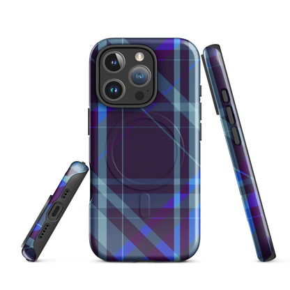 Purple plaid phone case with camera lens cutouts and side edge button slots