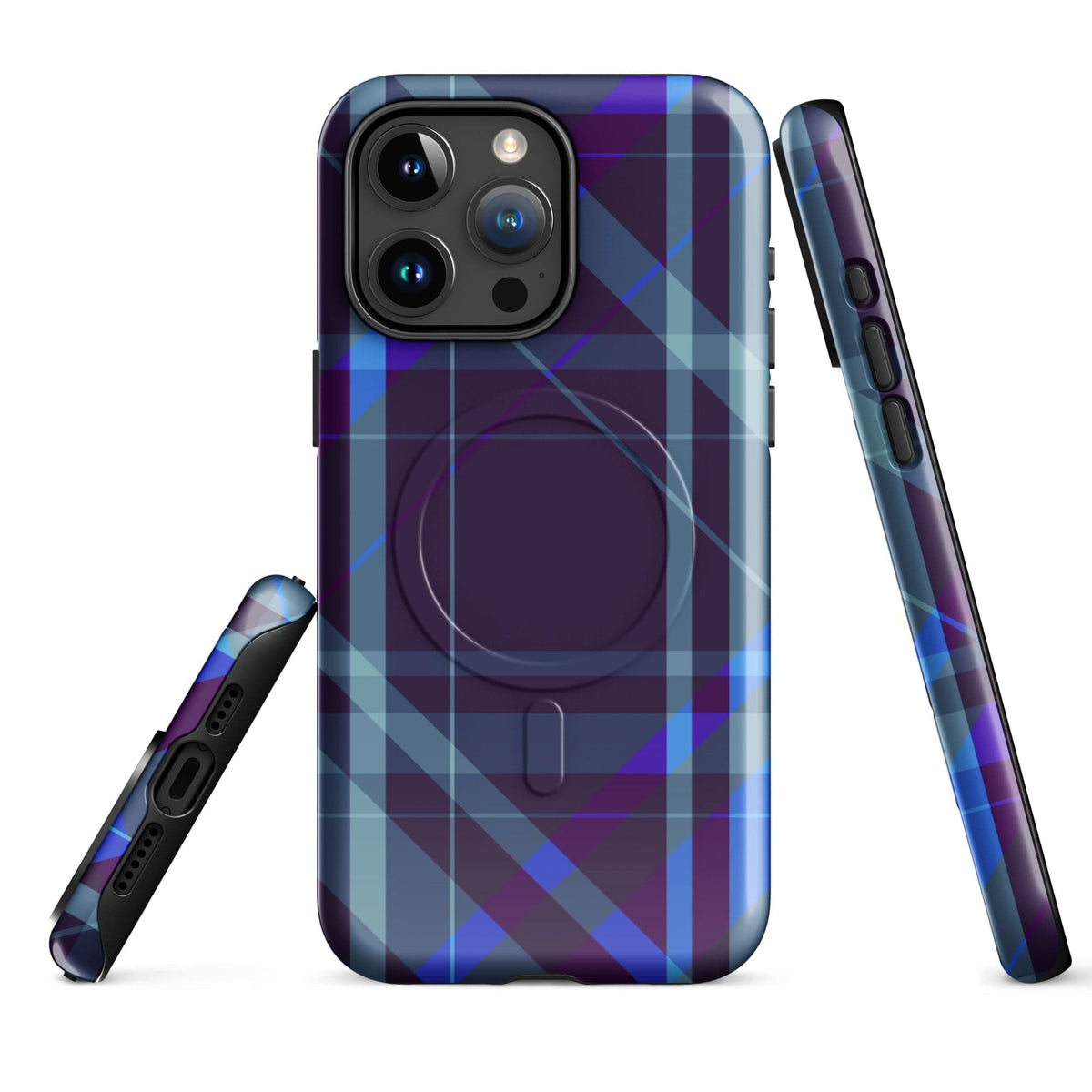 Purple plaid phone case with camera cutout and visible side button slot openings