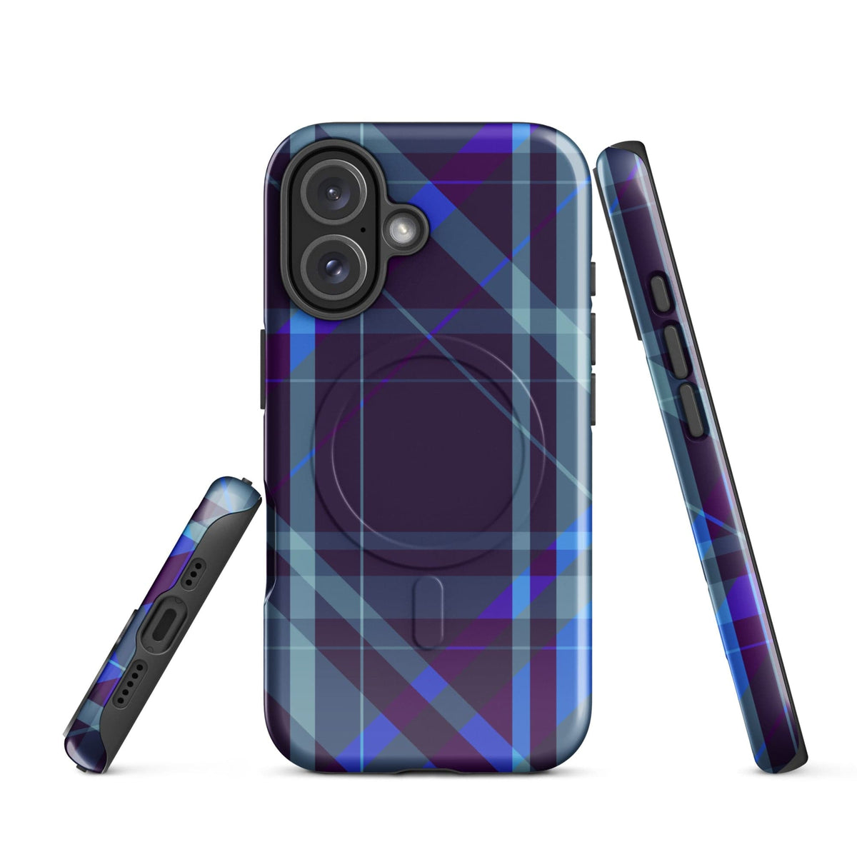 Purple plaid phone case with multi-lens camera cutout and slim side profile