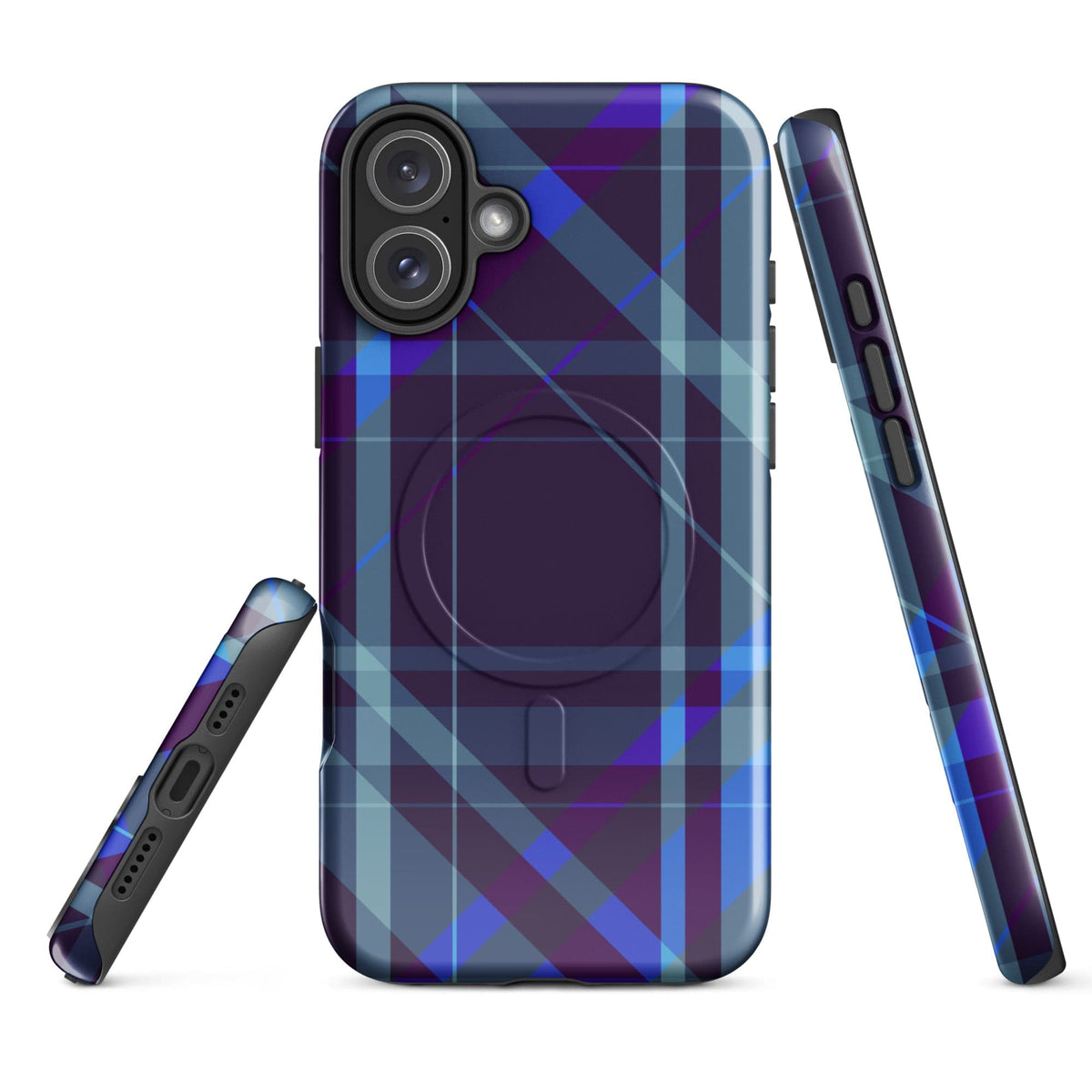 Purple plaid phone case, front view with lens openings and side button openings
