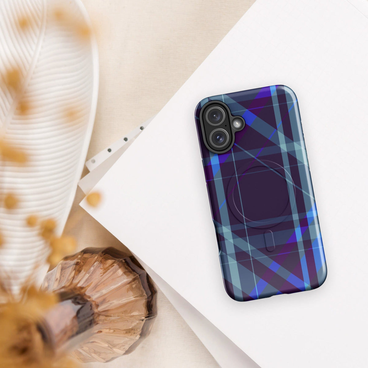 Purple plaid iPhone tough case with multi-camera cutout and protective frame