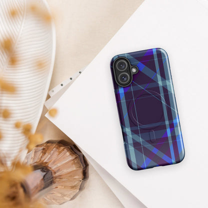 Purple plaid iPhone tough case with multi-camera cutout and protective frame