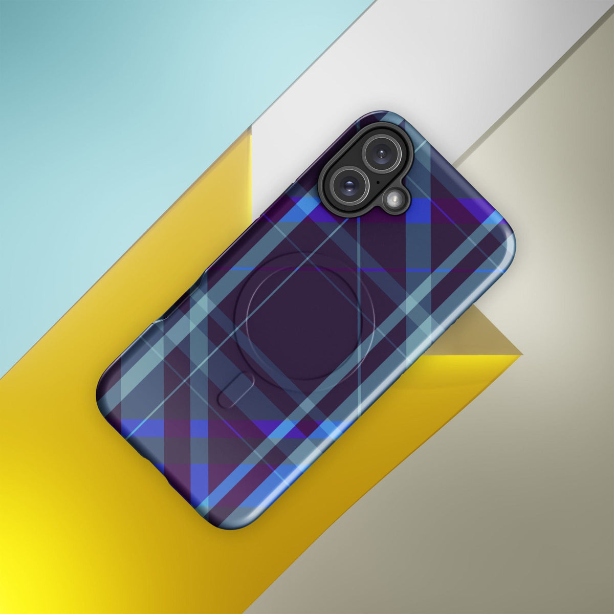 Purple plaid iPhone tough case with raised camera ring openings and side protection