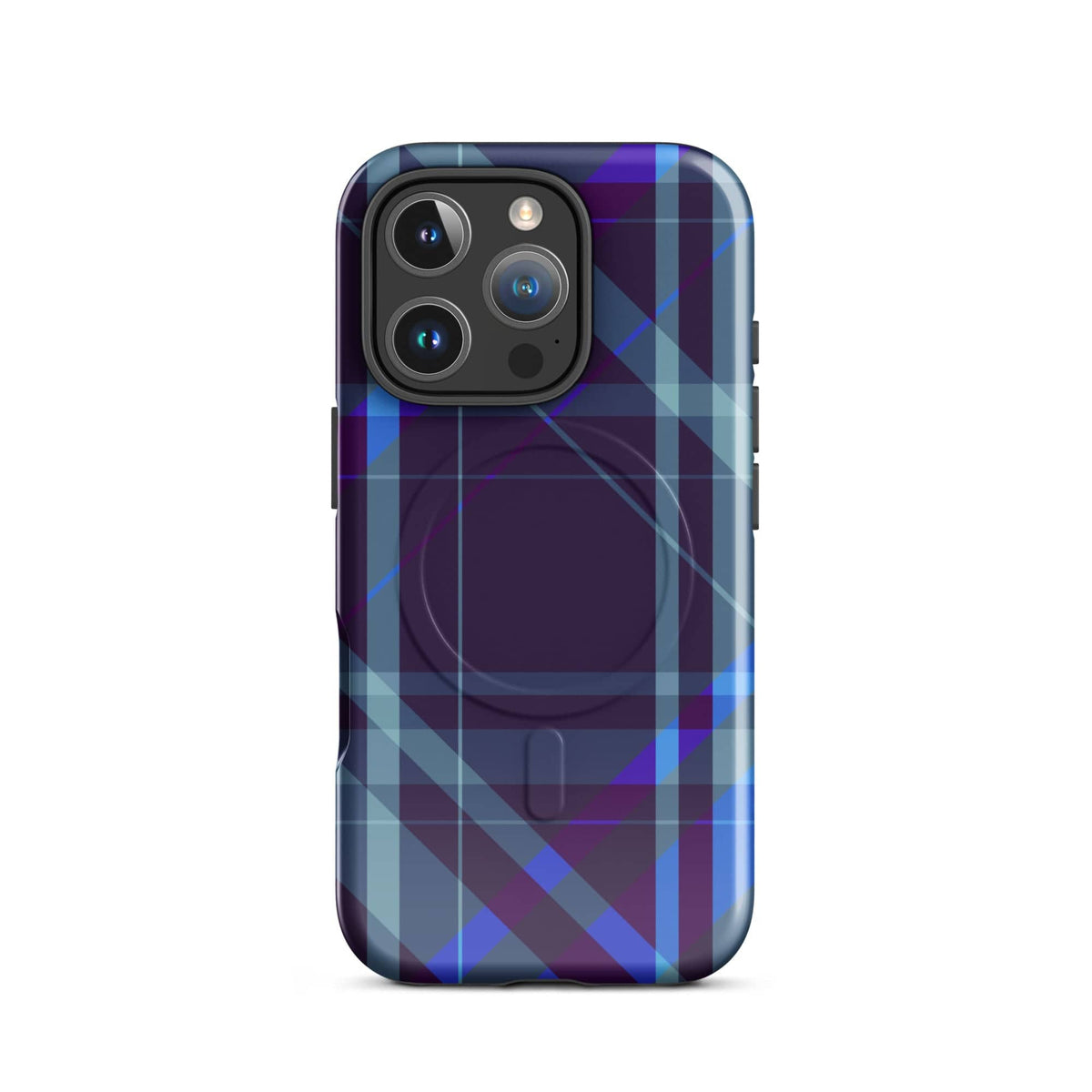 Purple plaid iPhone tough case, front view with four-camera cutout and side grips