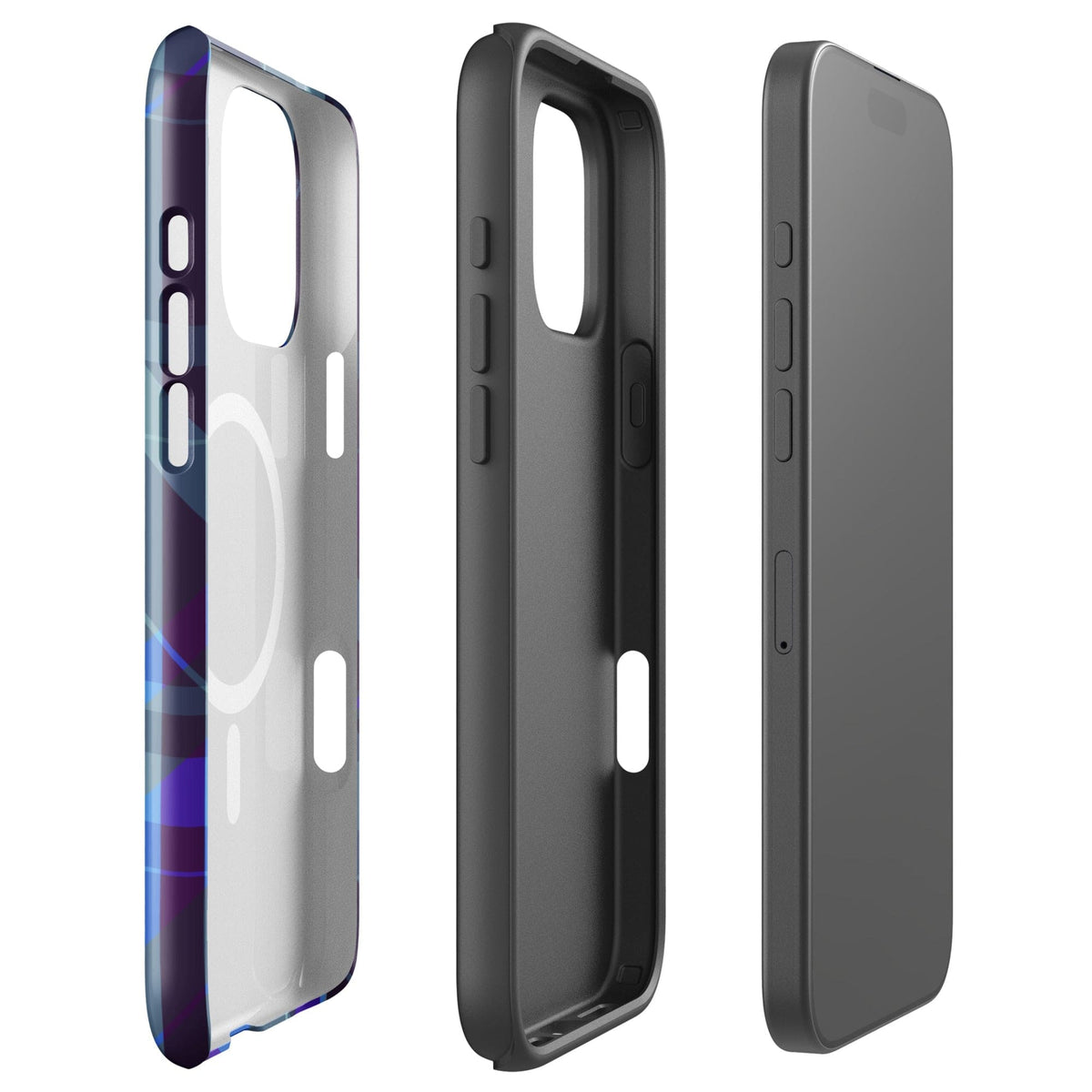 iPhone case side profile set: purple plaid back with raised edges and button cutouts
