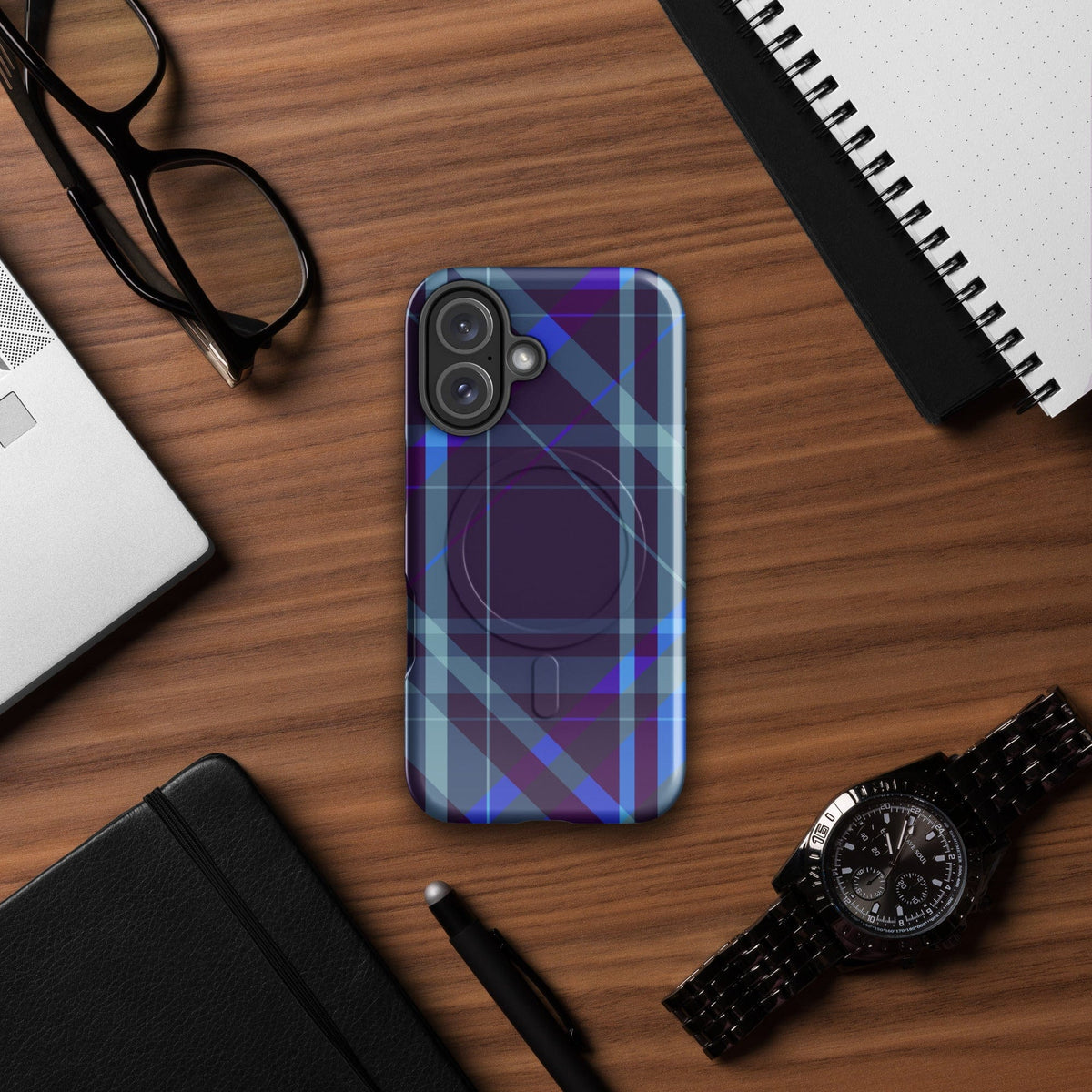 Purple plaid iPhone case with camera cutouts and textured side edge details