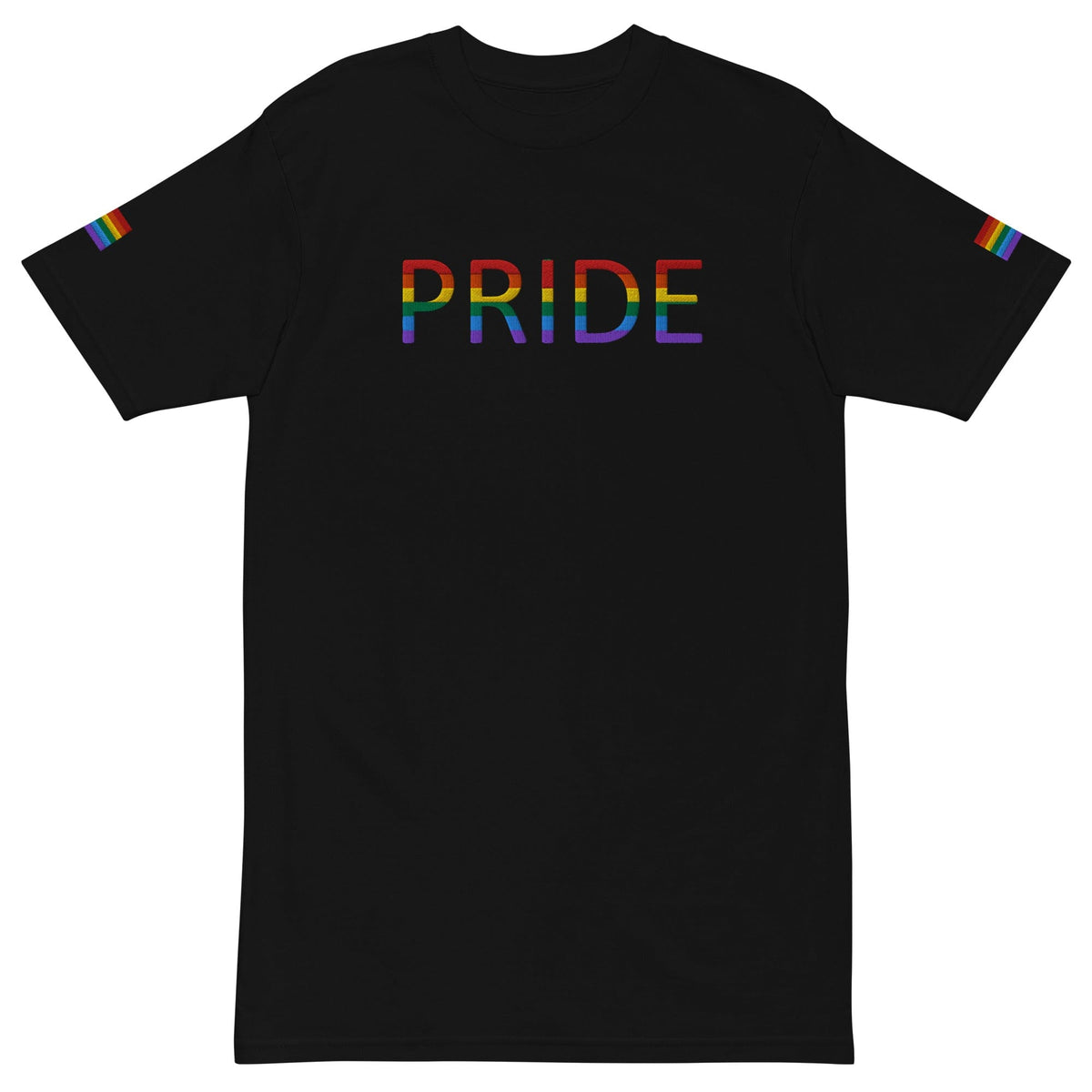 Black Pride graphic T-shirt with rainbow flag sleeve accents