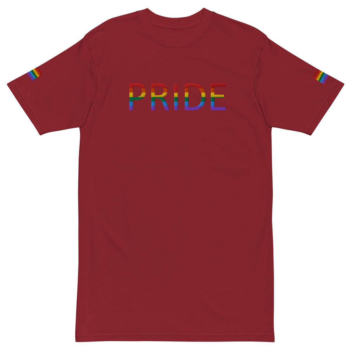 Men's heavyweight T-shirt in brick red with multicolor PRIDE logo