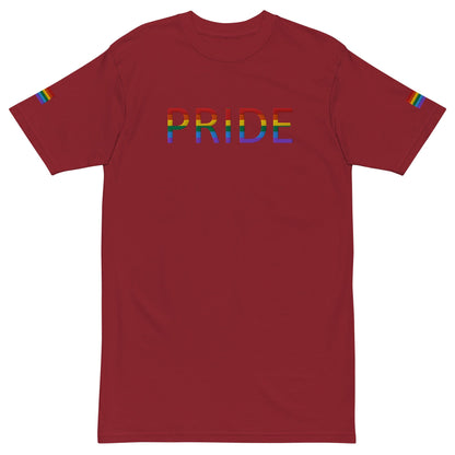 Men's heavyweight T-shirt in brick red with multicolor PRIDE logo