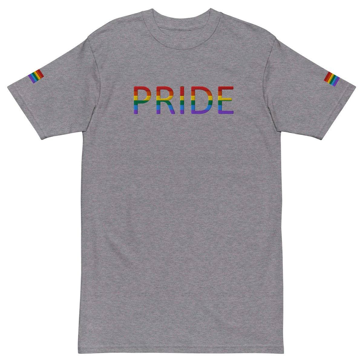 Men's heavyweight T-shirt in dark gray with multicolor PRIDE logo on the back
