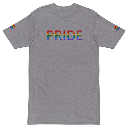 Men's heavyweight T-shirt in dark gray with multicolor PRIDE logo on the back