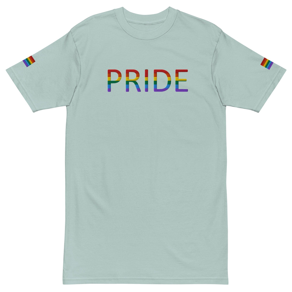 Men's heavyweight T-shirt in light teal with multicolor PRIDE logo and rainbow sleeve accents