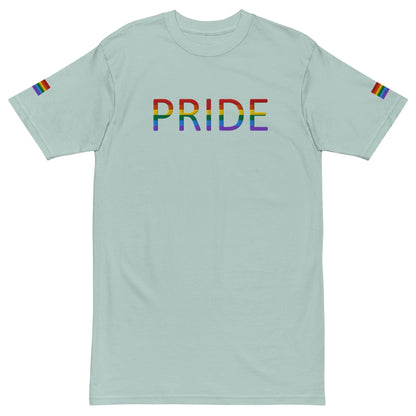 Men's heavyweight T-shirt in light teal with multicolor PRIDE logo and rainbow sleeve accents