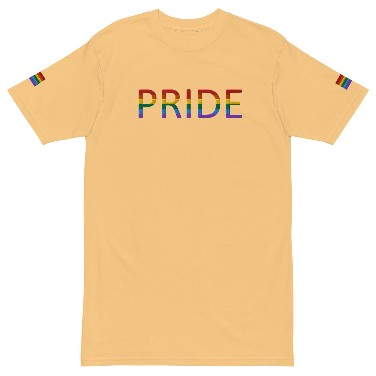 Men's heavyweight T-shirt in vintage gold with multicolor PRIDE logo