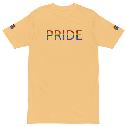 Men's heavyweight T-shirt in vintage gold with multicolor PRIDE logo