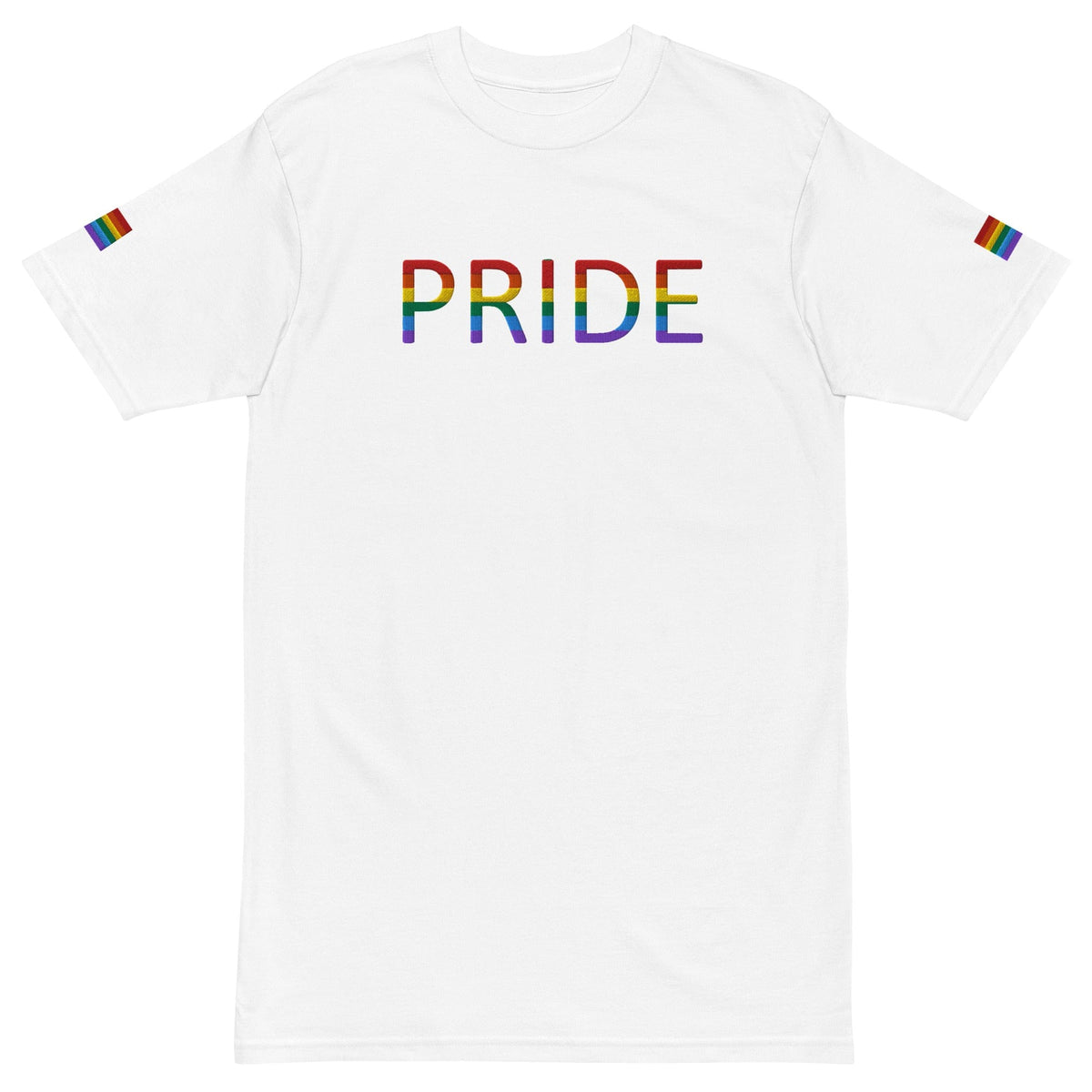 Men's heavyweight T-shirt in white with multicolor PRIDE logo and rainbow sleeve accents