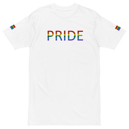 Men's heavyweight T-shirt in white with multicolor PRIDE logo and rainbow sleeve accents